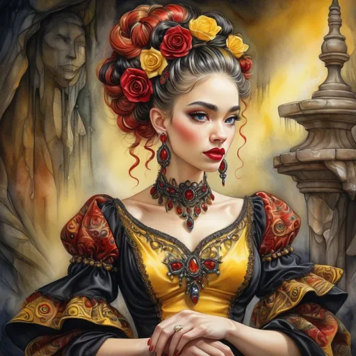 Prompt:  beautiful woman, hair pinned up, yellow red black dress, earrings, Watercolor, trending on artstation, sharp focus, studio photo, intricate details, highly detailed, by  Josephine Wall and Jasmine Becket-Griffith