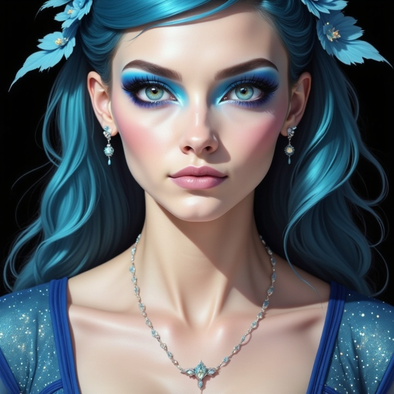 Prompt: a woman with blue makeup and blue hair with blue eyeshades and blue hair with blue flowers on her head, Artgerm, fantasy art, highly detailed digital painting, a detailed painting