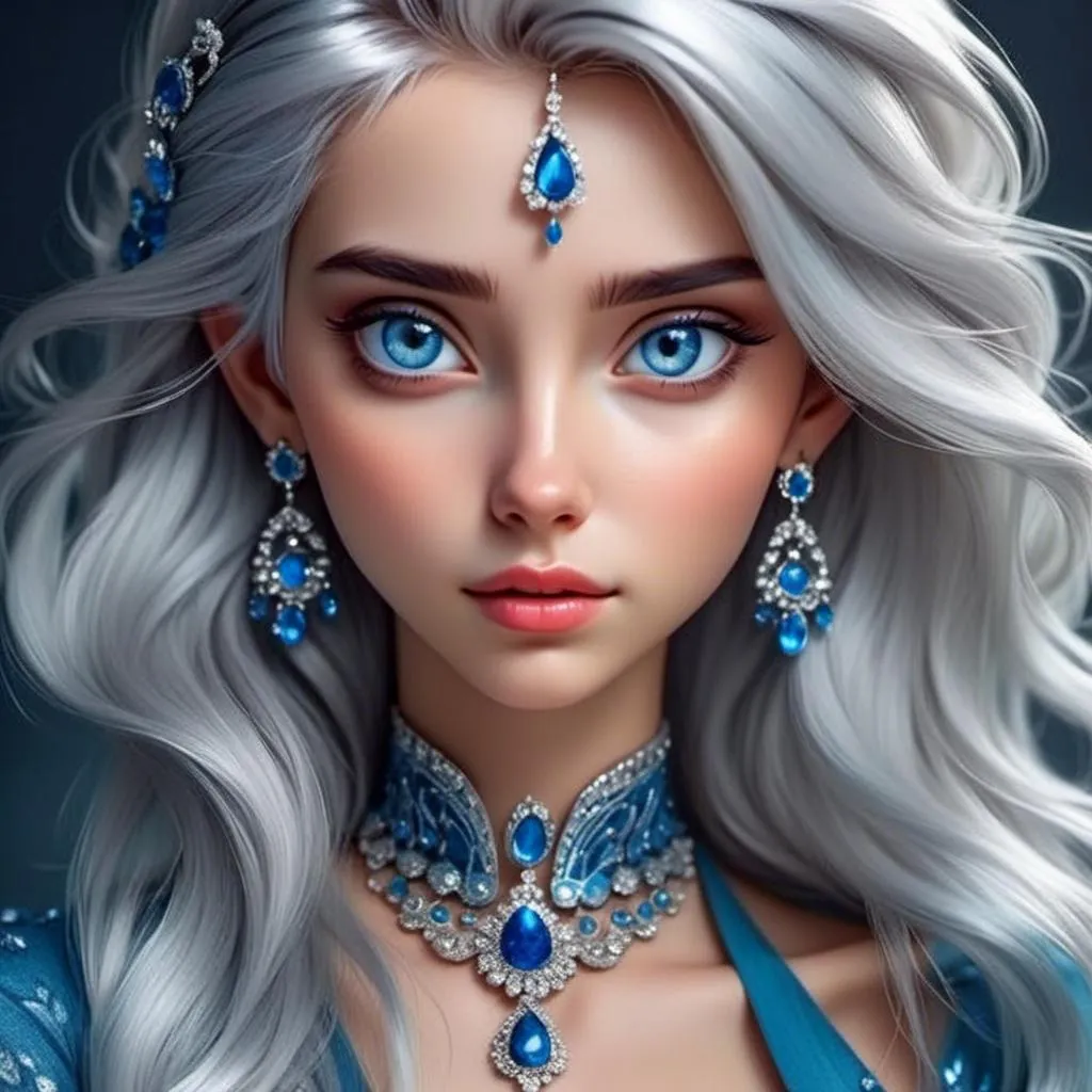 Prompt: <mymodel>A beautiful woman, white hair, blue eyes, blue eyeshadow, blue jewels o