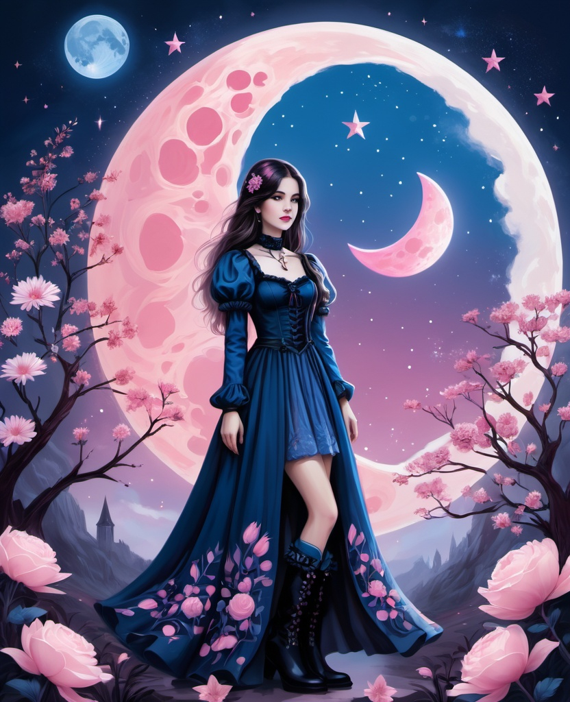 Prompt: a girl in a dress and boots standing in front of a pink moon with flowers and stars on it, Alice Prin, gothic art, blue and pink color scheme, a character portrait