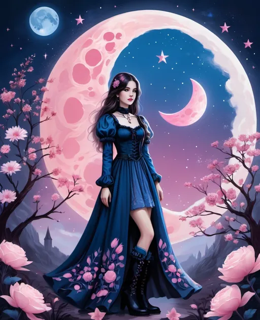 Prompt: a girl in a dress and boots standing in front of a pink moon with flowers and stars on it, Alice Prin, gothic art, blue and pink color scheme, a character portrait