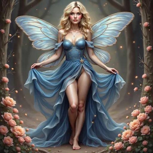 Prompt: A mesmerizing blue fairy, delicate gossamer wings shimmering in the light, whimsical pose with a gentle smile, ethereal glow surrounding her, enchanting forest backdrop filled with soft luminescent flowers and dappled moonlight, magical ambiance, soft focus, high definition, enchanting details captivating the viewer's attention. <<THE_MARKER>> A fairy dressed all in blue.