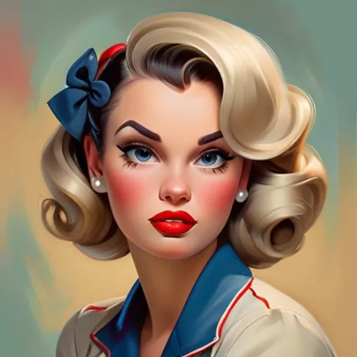 Prompt: Pin-up portrait, classic oil painting, vibrant and retro colors, vintage hairstyle, red lipstick, detailed facial features, traditional art technique, high quality, classic, vibrant colors, traditional style, detailed brushwork, professional lighting