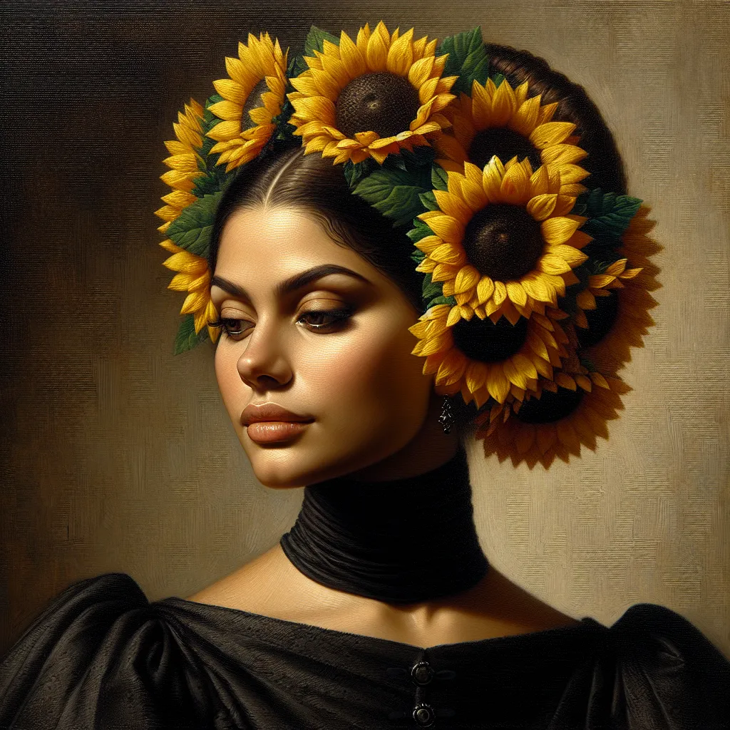 Prompt: a woman with sunflowers on her head and a black dress and a black turtle neck, Artur Tarnowski, figurative art, extremely detailed oil painting, a fine art painting