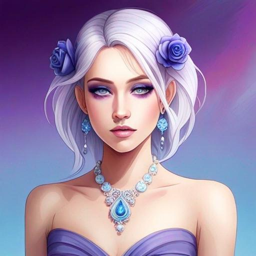 Prompt: A beautiful woman, white hair with pastel purple highlights, violet eyes, blue eyeshadow, pastel blue roses in her hair, blue jewels on forehead, cartoon style