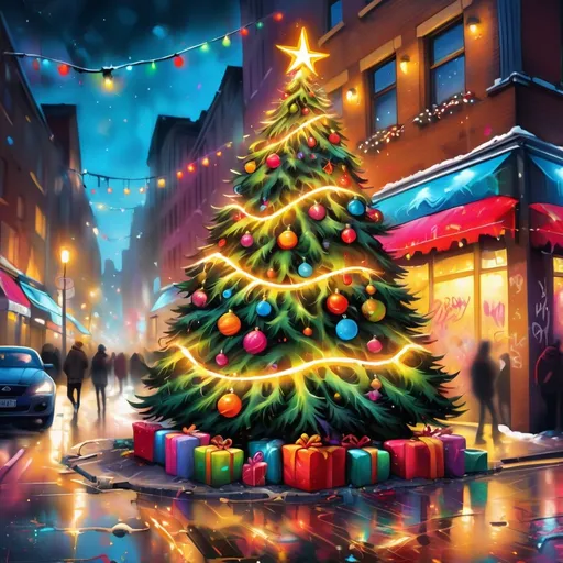 Prompt: Graffiti-style Christmas tree with vibrant tones, high quality, detailed ornaments, urban setting, festive atmosphere, spray-painted art, dynamic composition, vibrant colors, street art, energetic lighting, best quality, highres, ultra-detailed, graffiti style, vibrant tones, festive atmosphere, detailed ornaments, urban setting
