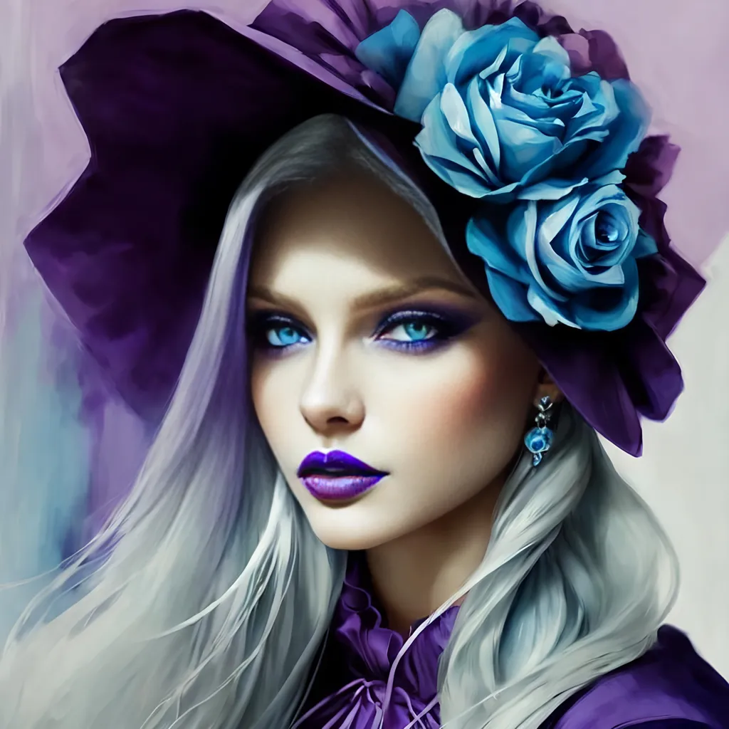 Prompt: <mymodel>Beautiful ethereal woman, long blonde hair,and icy blue eyes color, purple lipstick, facial closeup