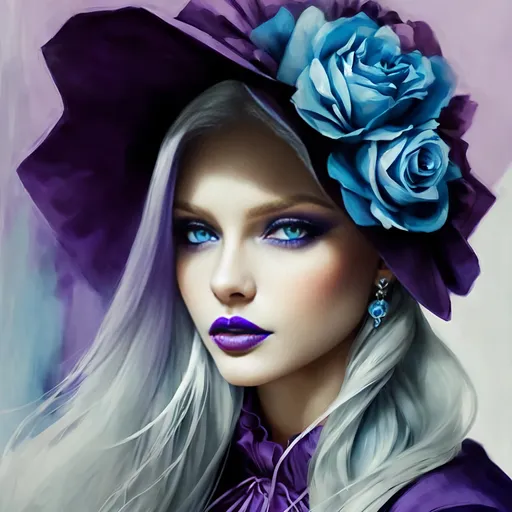 Prompt: <mymodel>Beautiful ethereal woman, long blonde hair,and icy blue eyes color, purple lipstick, facial closeup