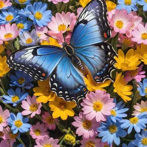 Prompt: A butterfly sitting on spring flowers