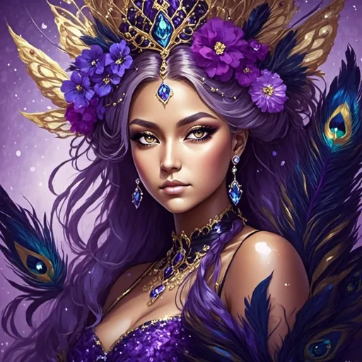 Prompt: <mymodel>fairy goddess of peacocks, peacock feathers purple flowers, vibrant color.facial closeup