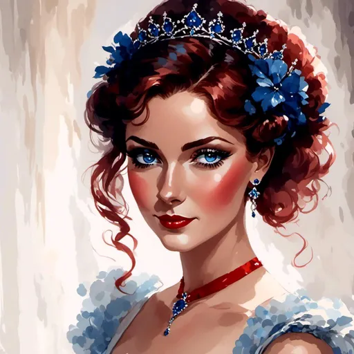 Prompt: A lady in red, blue eyes, Auburn hair, facial closeup<mymodel>