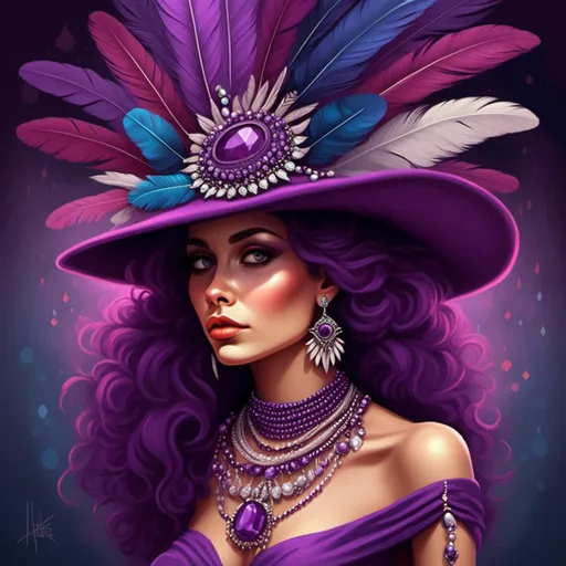 Prompt: a woman wearing a purple hat with feathers on it and a necklace with jewels on it and a necklace with a feather, Edwin Georgi, fantasy art, highly detailed digital painting, a photorealistic painting <mymodel>