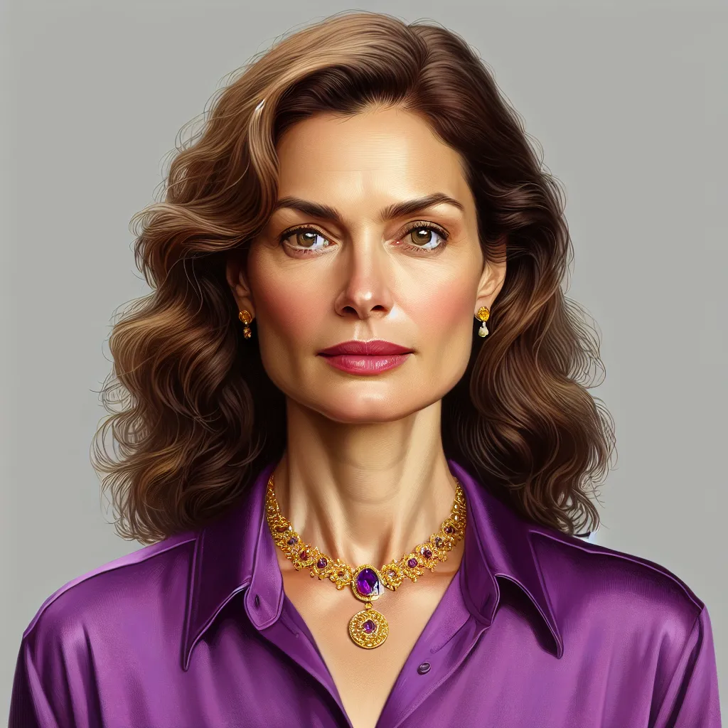 Prompt: <m a woman wearing a purple shirt and a gold necklace , Edwin Georgi, photorealism, highly detailed digital painting, a photorealistic painting