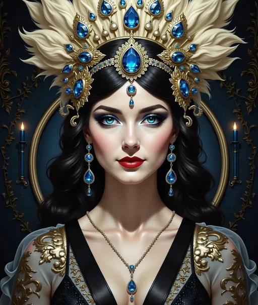 Prompt: An princess with black hair wearing an ornate headpiece with jewels, necklace and earrings with a candle lit background and a circular doorway, Bastien L. Deharme, fantasy art, dark fantasy art, a painting