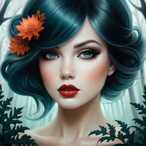 Prompt: The beautiful young lady with blowing platinum hair illustration art by Lori Earley, Daria Endresen, Tristan Eaton. Whimsical forest background, Extremely detailed, intricate, beautiful. 
