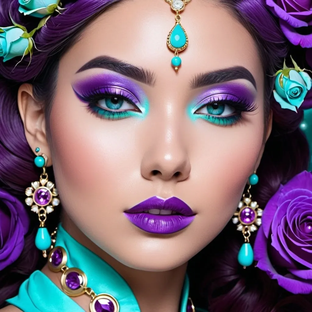 Prompt: <mymodel>Cosmic Epic Beauty, Beautiful and Gorgeous, purple roses in hair and wearing turquoise jewelry