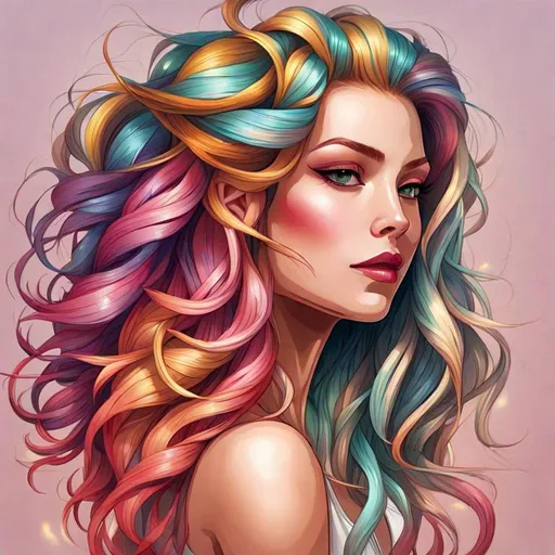 Prompt: A colorful lady,  long full hair