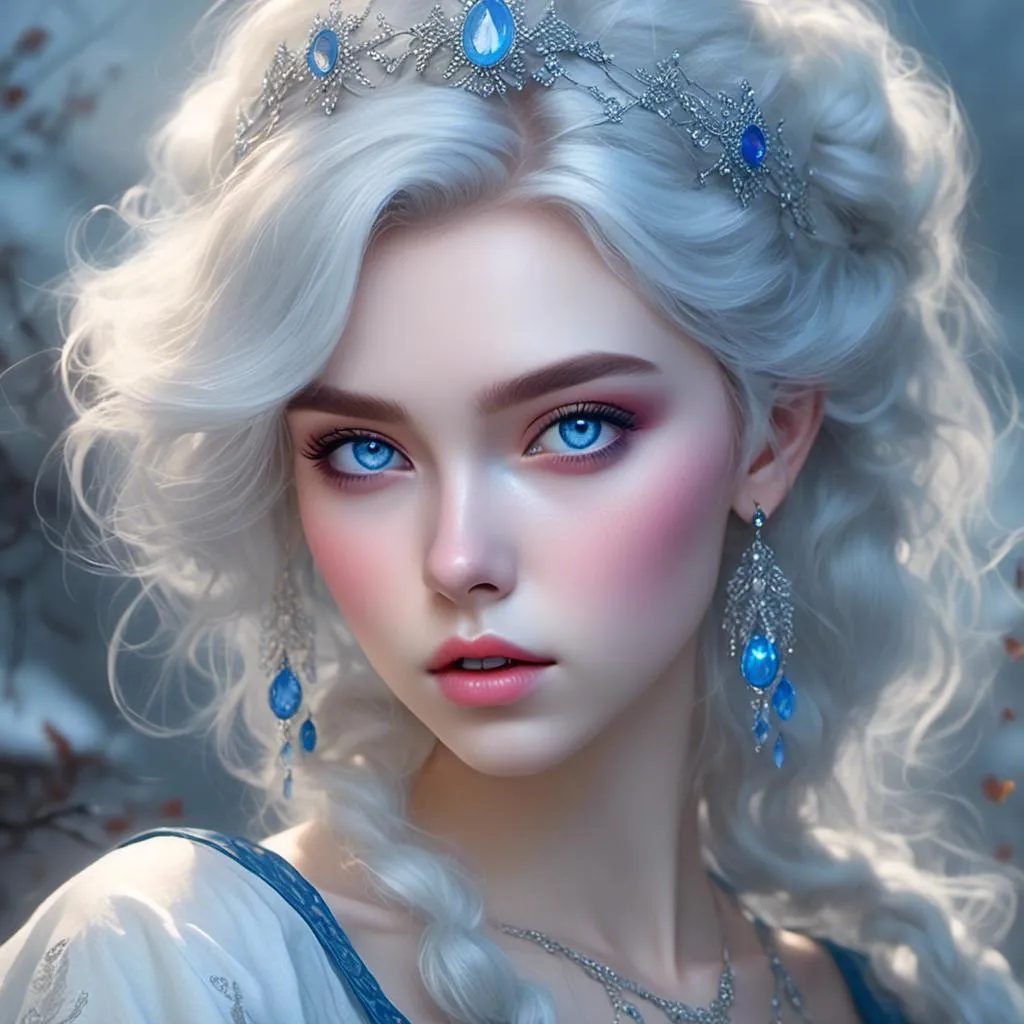 Prompt: <mymodel>A beautiful woman, snow white hair with pastel highlights, frosty blue eyes, blue eyeshadow, blue jewels on forehead