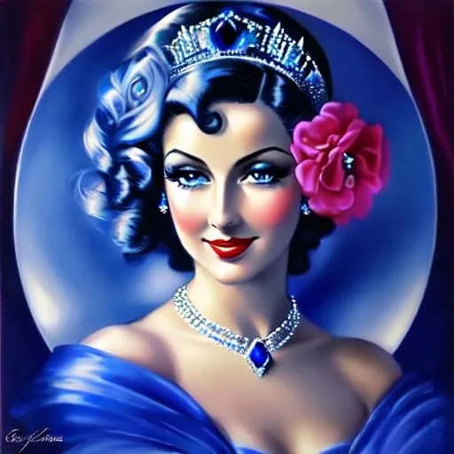 Prompt: Glamorously dressed lady of rhe 1930's wearing sapphire jewelry,blue eyes