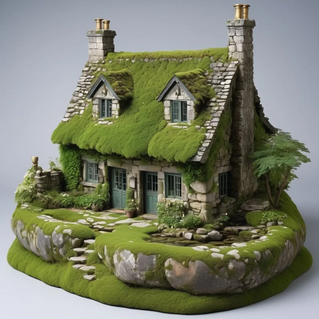 Prompt:  a majestic ancient stone cottage moss-covered , lush greenery, serene river flowing underneath