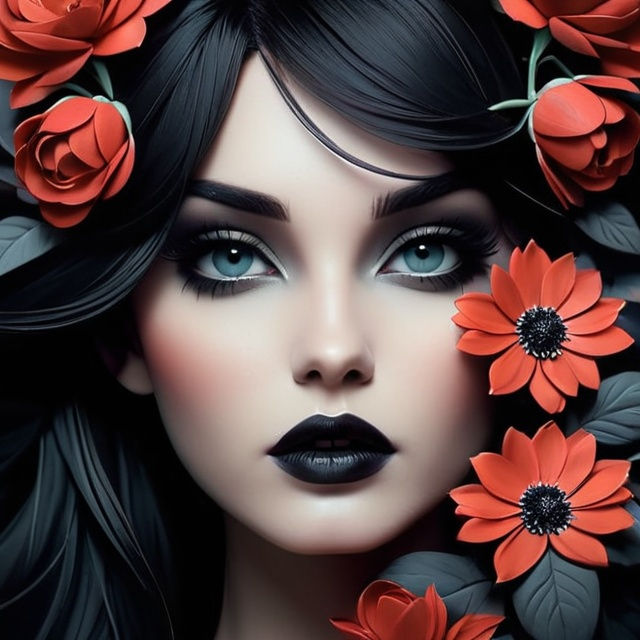 Prompt: Beautiful woman with flowersr, dark and gothic