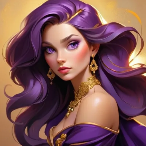 Prompt: Elegant lady in colors of purple and gold