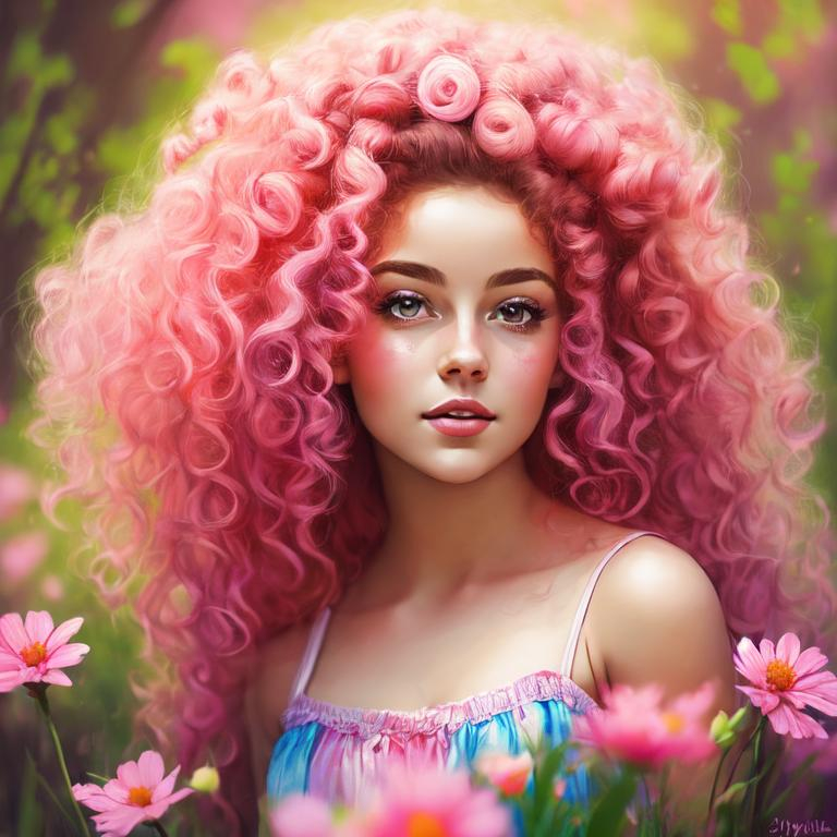 Prompt: a young fairy of spring, very curly hair, pink glow on cheeks,wildflowers, vivid colors, closeup