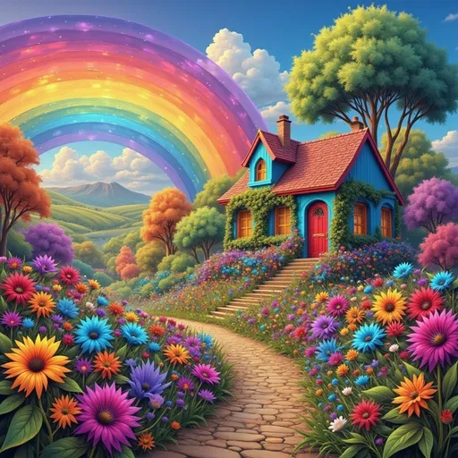 Prompt: a rainbow colored house surrounded by flowers and trees with a rainbow in the background and a rainbow - colored sky, Anne Stokes, fantasy art, kinkade, a detailed matte painting