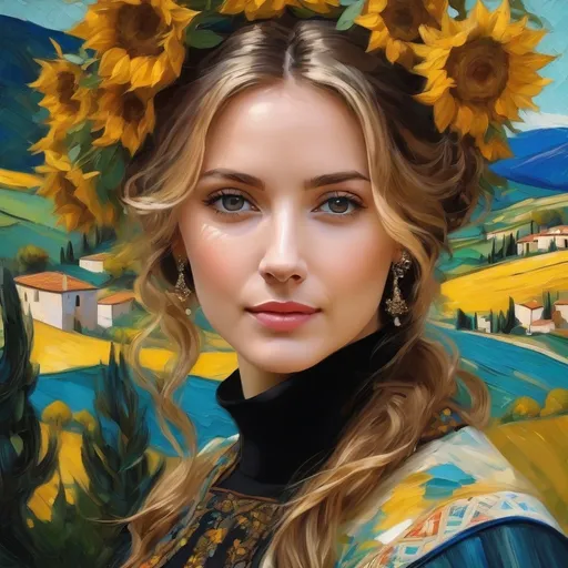 Prompt: <mymodel>Beautiful italian lady in an beautiful landscape of Umbrië, Style Flora Bowley and Vincent van Gogh,8k, dynamic lighting, ultra detailed