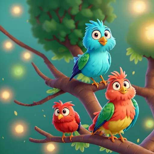 Prompt: Cartoon illustration of a bird in a tree, vibrant colors, warm atmosphere, big expressive eyes, high quality, vibrant colors, cute cartoon, detailed fur, playful, whimsical, warm lighting