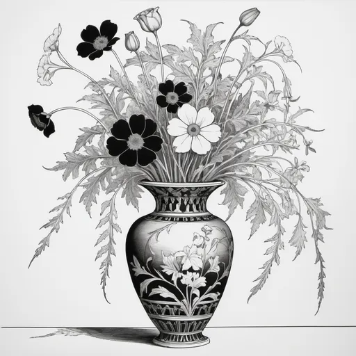 Prompt: a black and white drawing of a vase with flowers in it and leaves on the side of the vase, Aubrey Beardsley, modern european ink painting, intricate line drawings, a mid-nineteenth century engraving