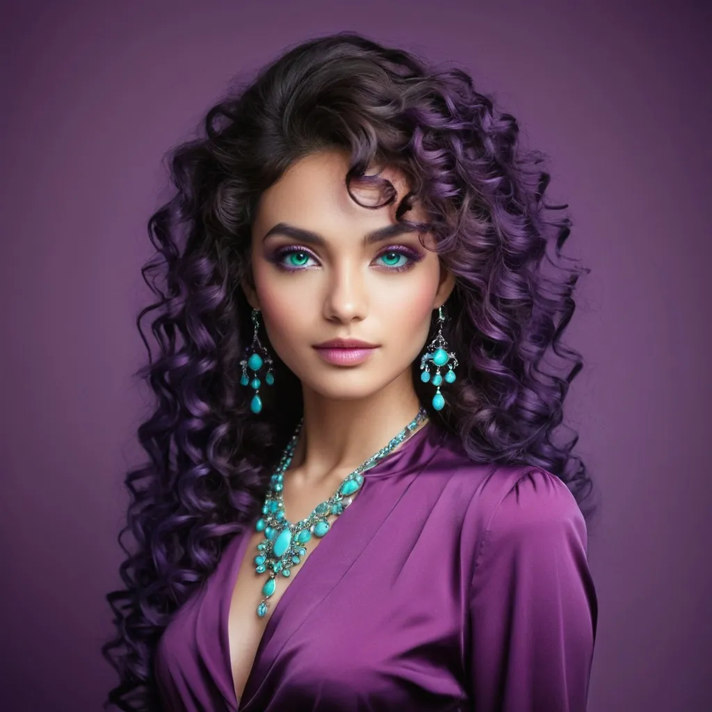 Prompt: <mymodel>An extremely gorgeous woman,  with turquoise jewels, in color scheme of purple, long curly hair