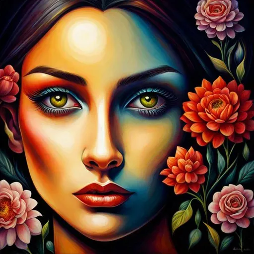 Prompt: Beautiful  hybrid woman with flowers sprouting from her, oil painting, detailed fiery eyes, ethereal glow, dark and mysterious, high quality, vibrant colors, surreal, haunting, intricate floral details, intense gaze, mystical atmosphere, oil painting, demon, hybrid, fiery eyes, ethereal, vibrant colors, surreal, haunting, floral details, intense gaze, mystical atmosphere