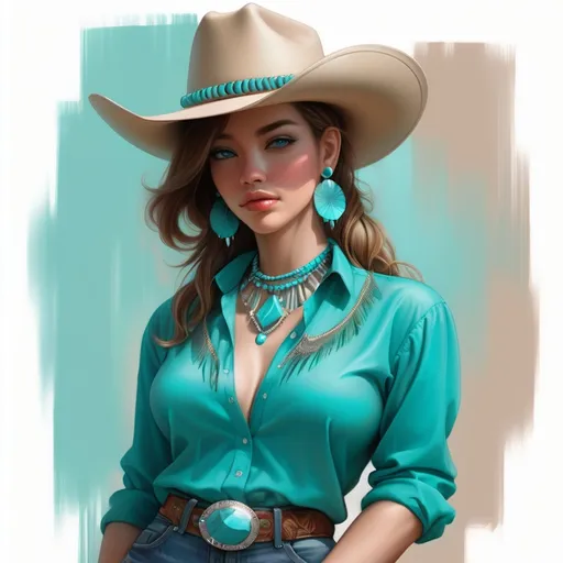 Prompt: a painting of a woman wearing a cowboy hat and a turquoise shirt with a turquoise beaded collar and turquoise earrings, Artgerm, figurative art, highly detailed digital painting, a digital painting