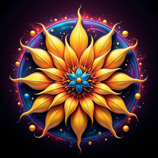 Prompt: This is a digital artwork depicting a vibrant, symmetrical flower-like design against a dark, abstract background. The central focus is a large, intricate flower with a radial pattern. The flower's petals are elongated, pointed, and layered, resembling a sunburst. The petals are primarily golden yellow with a gradient effect, transitioning to a rich orange at the tips. Each petal is adorned with small, glistening golden droplets, adding a sense of texture and realism. At the center of the flower, there is a blue, petal-like structure, surrounded by smaller blue and gold petals that form a tighter, inner circle. The background is a deep, swirling mix of dark blue and purple hues, with subtle, lighter blue and red circular patterns that give a sense of depth and movement. The overall style is reminiscent of fantasy or sci-fi art, with a focus on bright, contrasting colors and a polished, almost metallic finish. The image has a three-dimensional quality due to the use of light and shadow, making the golden petals appear luminous and the droplets look as though they are suspended in mid-air.