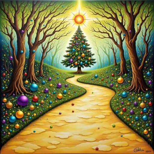 Prompt: a painting of a path leading to a christmas tree in the woods with a sun shining through the trees, Anne Stokes, magical realism, magical, a storybook illustration