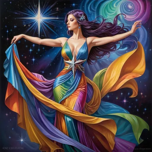 Prompt: a woman in a colorful dress with a star in the background of a painting of a woman in a colorful dress, Anne Stokes, fantasy art, mystical colors, an art deco painting