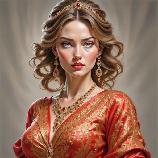 Prompt: <mymodel> a woman in a red dress with gold trimmings and a tiara on her head and shoulders, Chen Hong, fantasy art, highly detailed digital painting, a detailed painting