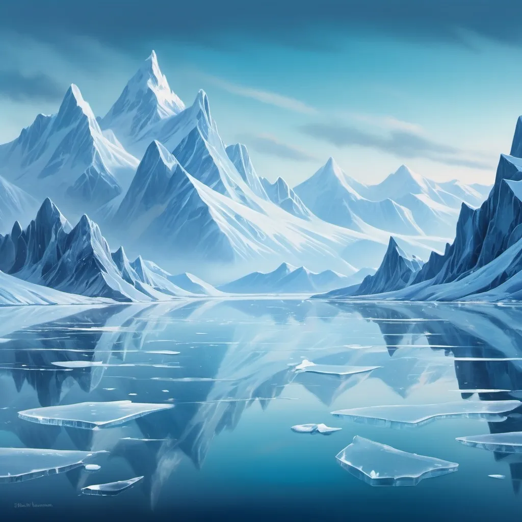 Prompt: Icy blue landscape with snow-capped mountains, frozen lake, serene atmosphere, high quality, digital painting, cool tones, detailed ice formations, soft and diffuse lighting, arctic wilderness, peaceful solitude