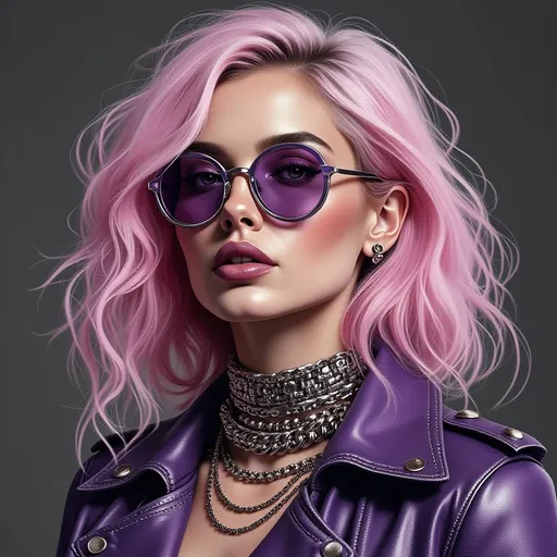 Prompt: This is a highly detailed, digitally rendered photograph of a young woman with a striking, modern, and edgy appearance. She has shoulder-length, pastel pink hair that is slightly tousled and falls around her face. Her skin is fair and smooth, with a subtle, natural makeup look that highlights her full lips, which are painted a muted mauve. She is wearing round, purple-tinted sunglasses that cover her eyes, adding to her mysterious and cool demeanor. Her ears are adorned with multiple piercings, including small hoop earrings.

She is dressed in a glossy, purple leather jacket that is adorned with silver studs and chains, giving it a punk-rock aesthetic. Around her neck, she wears multiple layers of intricate, silver chain necklaces that add to the bold, statement-making look. The background is a solid, dark gray, which helps to emphasize the vibrant colors and details of her appearance. The overall style of the image is contemporary and fashion-forward, with a strong emphasis on bold colors and textures. The lighting is soft, yet focused, highlighting the sheen of the leather jacket and the texture of her hair. The image conveys a sense of confidence and individuality.