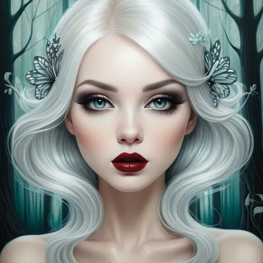 Prompt: The beautiful young lady with blowing platinum hair illustration art by Lori Earley, Daria Endresen, Tristan Eaton. Whimsical forest background, Extremely detailed, intricate, beautiful. 
