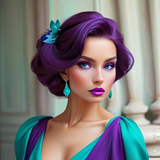 Prompt: Elegant lady in colors of purple and turquoise