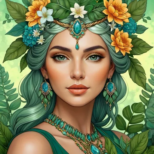 Prompt: a woman with flowers in her hair and a necklace on her head, surrounded by leaves and flowers, is shown in a digital painting style, Amanda Sage, fantasy art, highly detailed digital painting, a detailed painting