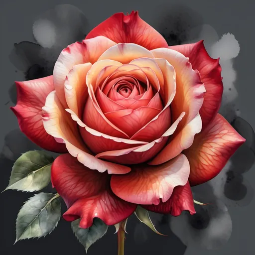 Prompt: watercolor red   rose, (single bloom), breathtaking floral details, vibrant and soft tones, elegant petals, serene atmosphere, high contrast, smooth brush strokes, painting-like texture, beautifully blended hues, a touch of light from above, (PNG background), ultra-detailed, inviting warmth.