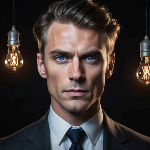 Prompt: A striking portrait features a sharply dressed man with a strong jawline and intense blue eyes, exuding confidence and determination. His tousled hair and serious expression suggest a sense of purpose as he gazes directly at the viewer, creating an engaging connection. The dark background is punctuated by the glow of two vintage light bulbs that hang above him, casting a warm light that highlights his features and adds depth to the scene. Dressed in a tailored suit with a crisp white shirt and blue tie, the composition balances classic elegance with a contemporary flair, evoking a sense of timeless sophistication. Overall, the image conveys a mood of intensity and ambition, inviting viewers to ponder the story behind this compelling figure.