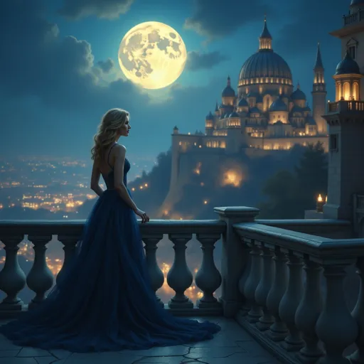 Prompt: Under the luminous glow of a magnificent full moon, a graceful woman stands poised on an elegant terrace, her dark blue gown cascading beautifully to the ground. The scene captures a breathtaking cityscape, where opulent buildings with curved domes and intricate spires rise in the background, hinting at a vibrant and regal atmosphere. Soft lantern light flickers from the nearby structures, casting warm hues against the cool blue tones of the evening sky. The woman gazes out towards the distant castle, enveloped by the night, evoking a sense of wonder and nostalgia as she appears lost in her thoughts, bathed in the enchanting glow of moonlight. The overall ambiance combines romance and mystery, creating an intriguing moment that invites deeper contemplation.