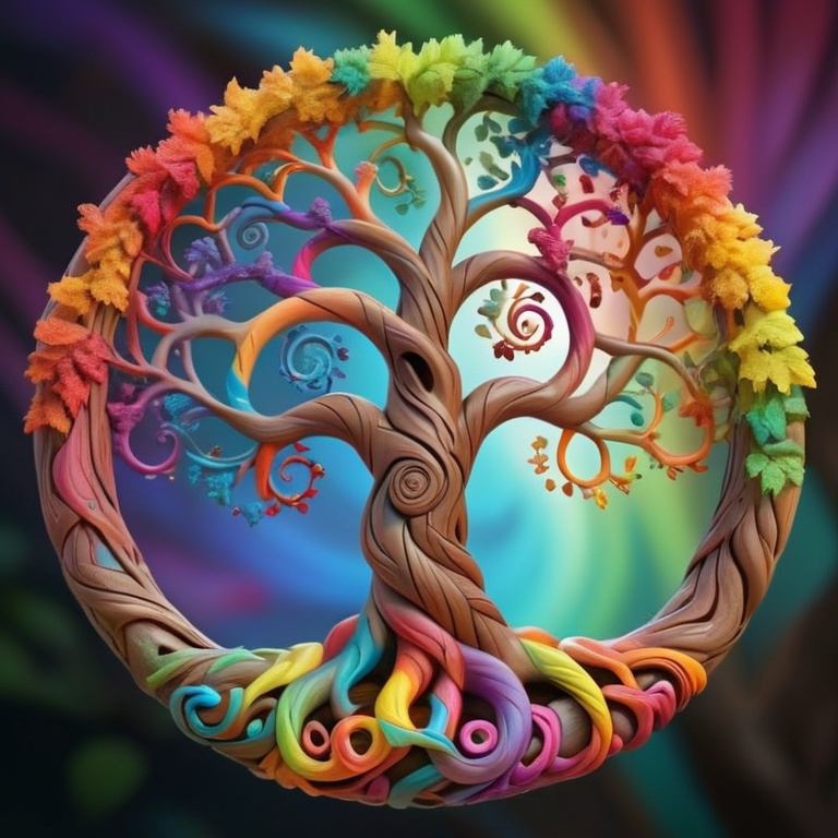 Prompt: colorful gnarled tree of life, spiral colors in the background, rainbow leaves, hyper-detailed, photorealistic 8k max