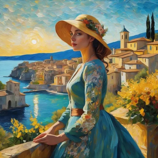 Prompt: <mymodel>Beautiful italian lady in an beautiful landscape of Umbrië, Style Flora Bowley and Vincent van Gogh,8k, dynamic lighting, ultra detailed