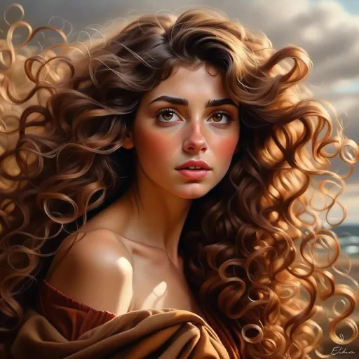 Prompt: <mymodel> a woman with long curly hair and a brown dress is posing for a picture with  her hair blowing in the wind, Elina Karimova, photorealism, realistic shaded perfect face, a photorealistic painting