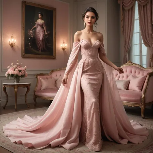Prompt: In an elegantly curated room adorned with soft pink hues, a young woman captivates attention in a stunning off-the-shoulder gown that drapes gracefully around her figure and flows into a sweeping train. The dress, embellished with delicate floral motifs, complements her ethereal beauty as she stands poised beside a lavish pink settee, her expression both contemplative and serene. The opulent surroundings are enhanced by ornate gold-framed paintings of roses, and the gentle glow of wall sconces creates a warm and inviting ambiance. A floral arrangement in a similarly soft palette further accentuates the romantic atmosphere, making the scene feel like a dreamy escape into a world of refined elegance and charm.